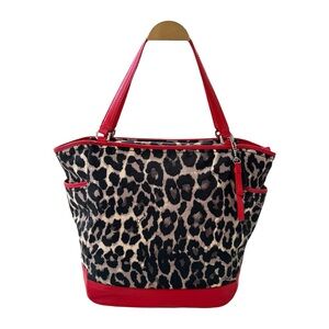Coach Ocelot Red Leather Trim Leopard Print Canvas Zip Tote – (2013) EUC